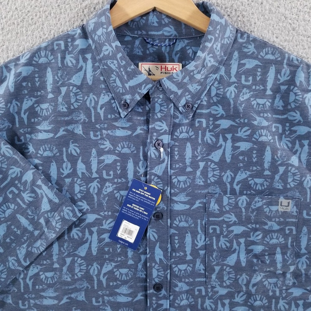 Huk Fishing Shirt Mens XL Blue Kona Batiki Performance Outdoor Tiki Hawaiian